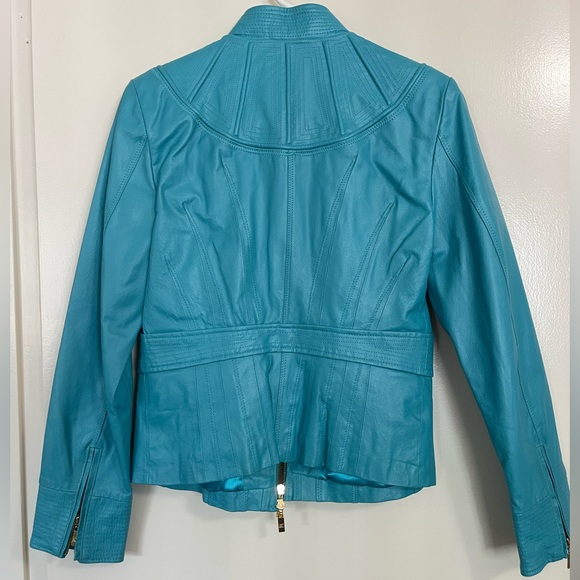 Pamela McCoy Blue Belted Leather Jacket w/ Snake Buckle & Stitching | Womens XS - Picture 2 of 9